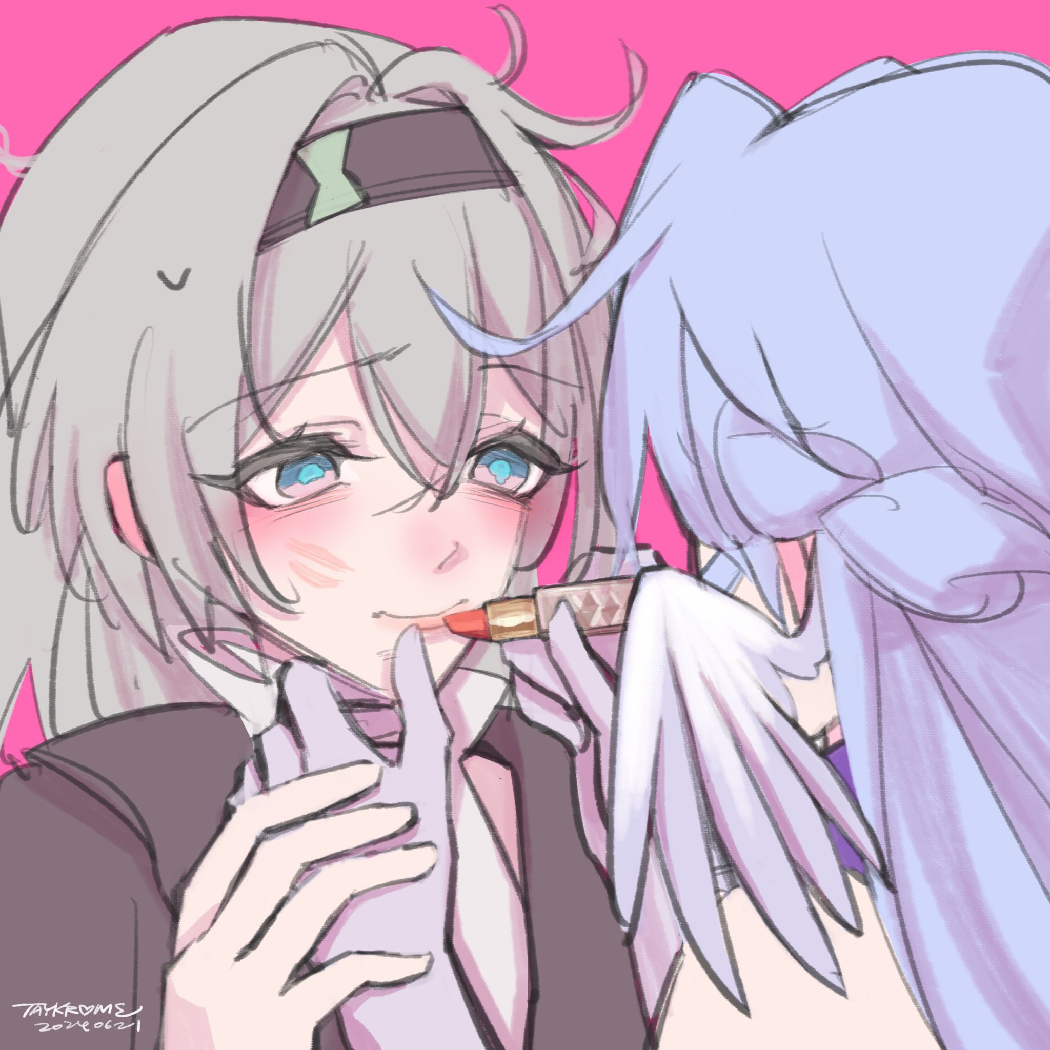 taykrome, firefly (honkai: star rail), robin (honkai: star rail), honkai: star rail, honkai (series), commentary, english commentary, highres, 2girls, artist name, back, bare shoulders, black hairband, black jacket, blue eyes, blue hair, blue pupils, blush, braid, choker, closed mouth, cosmetics, dated, dress, feathered wings, gloves, grey hair, hair between eyes, hairband, hands up, head wings, holding, holding lipstick tube, jacket, lapels, lips, lipstick mark, lipstick mark on face, lipstick tube, long hair, looking at another, multicolored hair, multiple girls, pink background, pink eyes, purple choker, purple gloves, shy, simple background, sweatdrop, upper body, white dress, wings, yuri