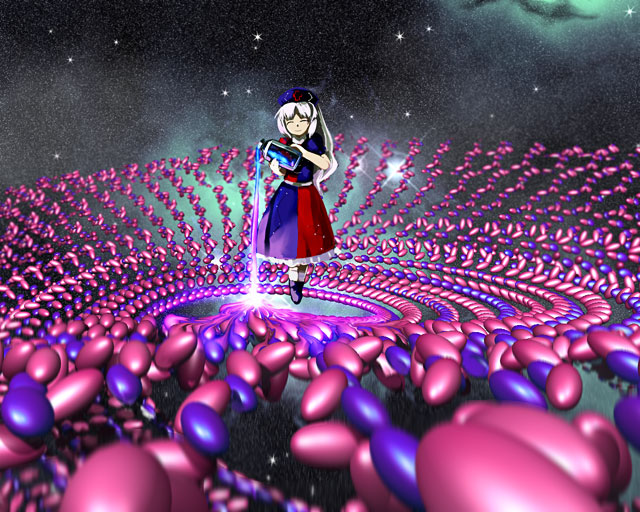 yagokoro eirin, touhou, 1girl, danmaku, female focus, hat, jar, long hair, sky, solo, space, star (sky), star (symbol), starry sky, white hair