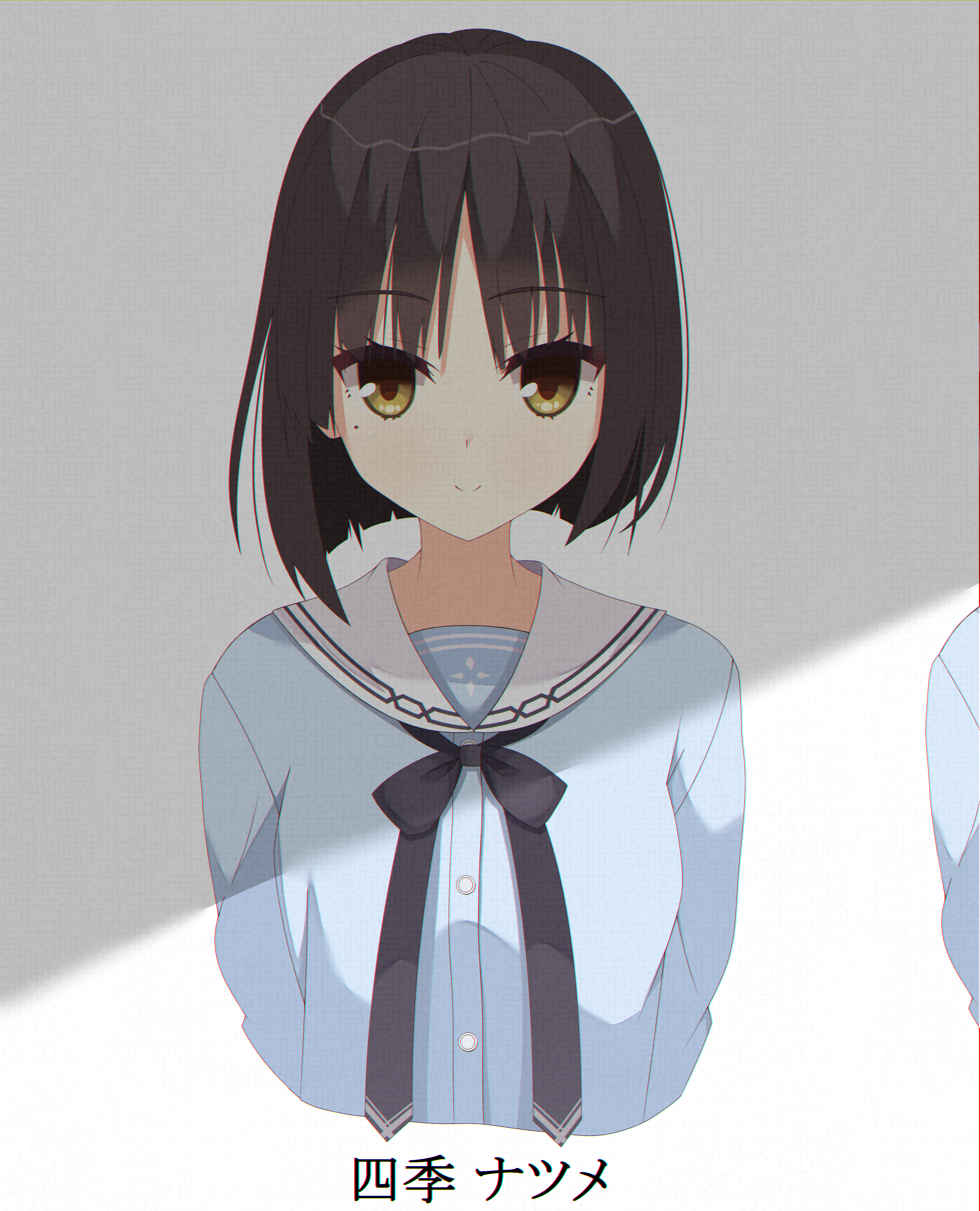 kaon zz, shiki natsume, cafe stella to shinigami no chou, absurdres, commentary, highres, 1girl, aged down, alternate costume, alternate hair length, alternate hairstyle, arms at sides, black bow, black bowtie, black hair, black ribbon, blue shirt, blunt ends, blush, bob cut, bow, bowtie, buttons, closed mouth, cropped torso, eyelashes, eyes visible through hair, hair between eyes, looking at viewer, medium hair, mole, mole under eye, photo (object), ribbon, sailor collar, school uniform, serafuku, shirt, smile, solo, split mouth, straight hair, upper body, white sailor collar, yellow eyes