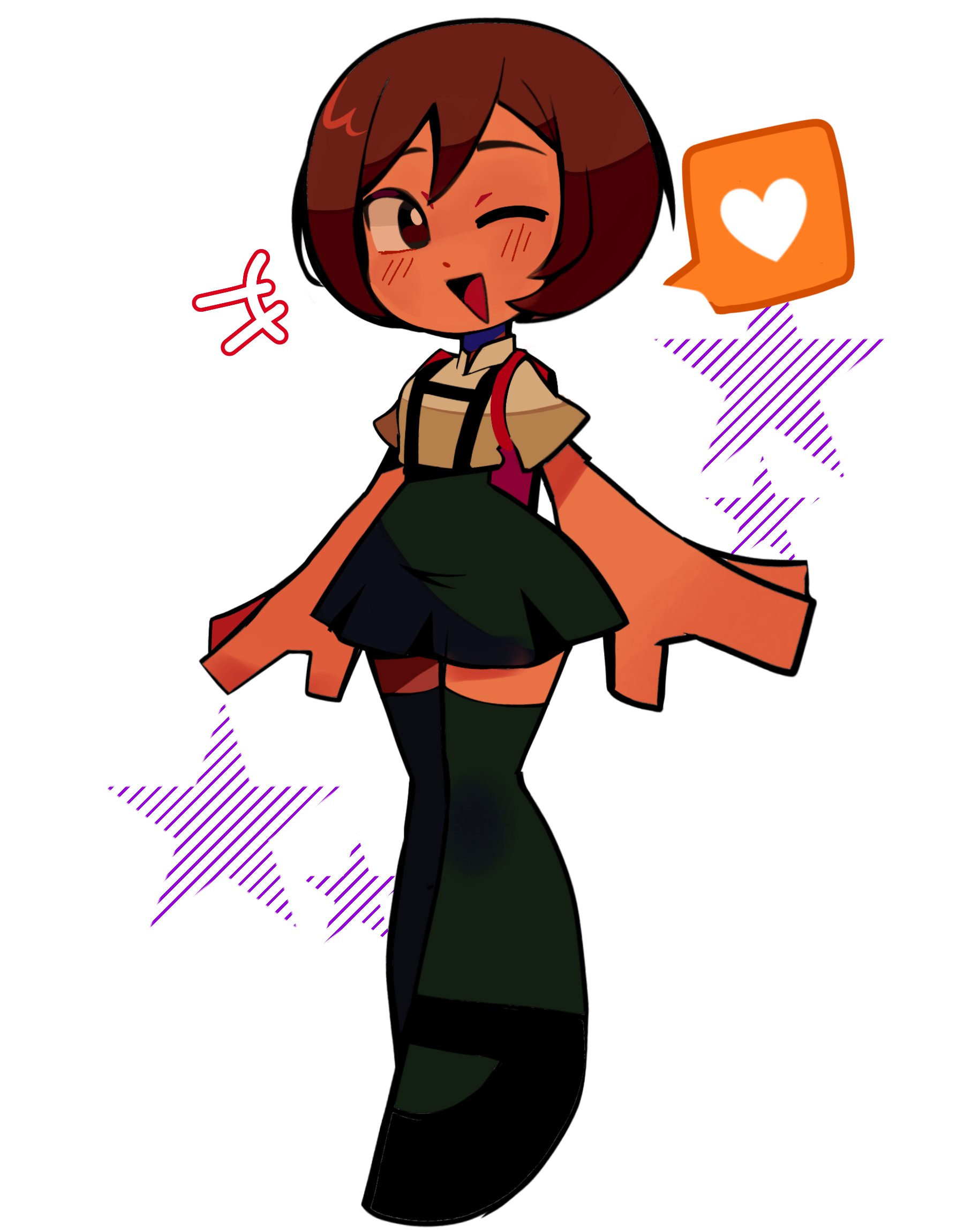 rainelyn00, meiko (vocaloid), vocaloid, 1girl, black sandals, bright pupils, brown eyes, green skirt, green thighhighs, heart, one eye closed, open mouth, sandals, school uniform, shirt, short hair, short sleeves, simple background, skirt, solo, spoken heart, star (symbol), suspender skirt, suspenders, thighhighs, triangle mouth, white background, white pupils, white shirt