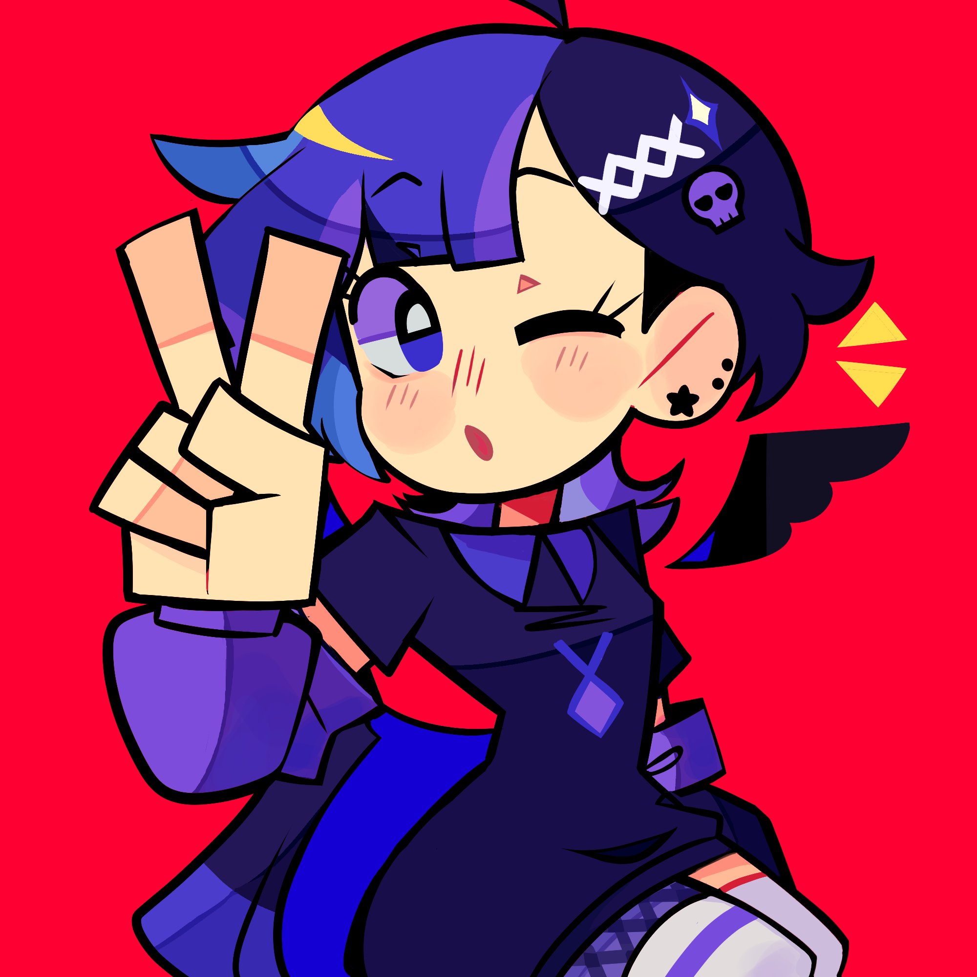 rainelyn00, original, 1girl, ahoge, blue dress, blue eyes, blue hair, blush, collared dress, detached sleeves, dress, ear piercing, earrings, hair ornament, jewelry, open mouth, pale skin, piercing, purple sleeves, red background, simple background, sitting, skull hair ornament, socks, solo, star (symbol), star earrings, v, white socks, wings