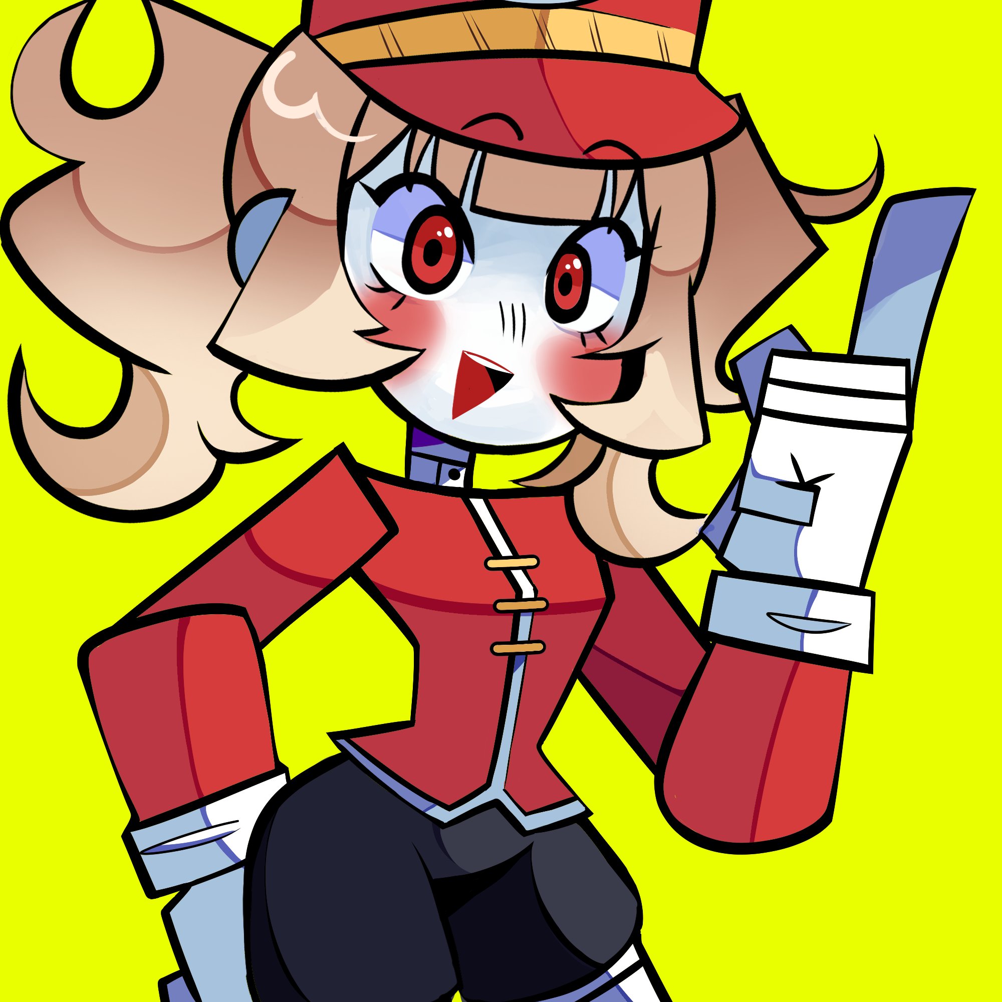 rainelyn00, original, 1girl, black shorts, blonde hair, blush, colored skin, gloves, hand on own hip, hat, index finger raised, jacket, open mouth, red eyes, red hat, red jacket, shako cap, shorts, simple background, smile, solo, teeth, twintails, upper teeth only, white gloves, white skin, yellow background