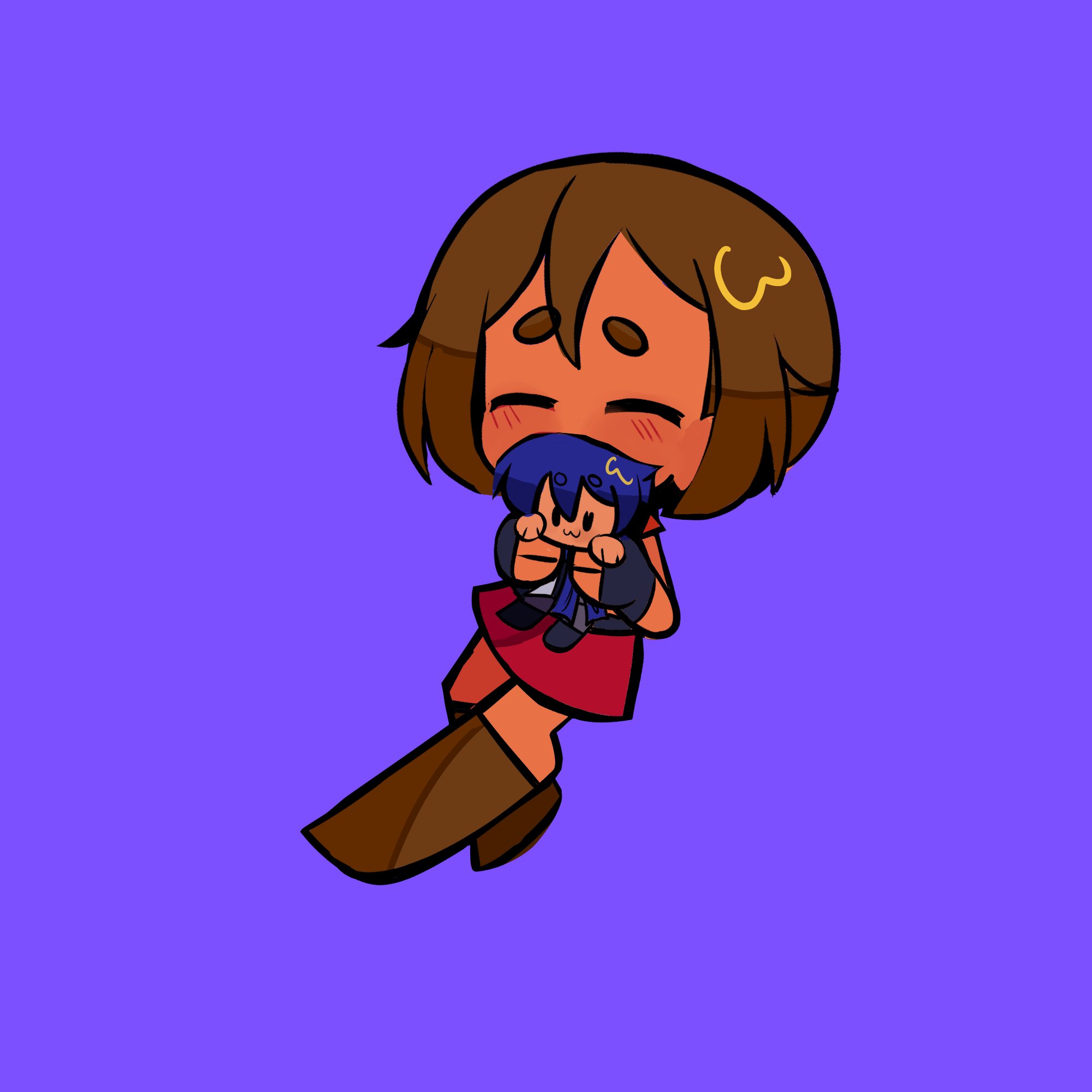 rainelyn00, kaito (vocaloid), meiko (vocaloid), vocaloid, 1girl, blue eyes, blue scarf, blush, boots, brown boots, brown hair, closed eyes, holding, holding mini person, mini person, miniboy, purple background, red skirt, scarf, short hair, simple background, skirt, solid oval eyes, thick eyebrows