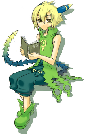 asahikawa hiyori, coral (summon night), summon night, summon night 4, lowres, 1girl, blonde hair, book, female focus, horns, sitting, solo, tail, yellow eyes