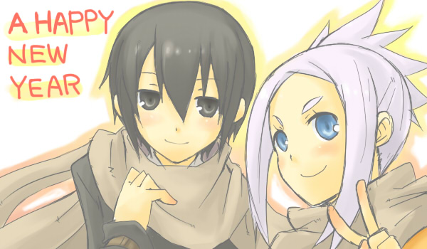 asahikawa hiyori, fea (summon night), kino (kino no tabi), tea (kino no tabi), kino no tabi, summon night, summon night 4, 00s, 2girls, androgynous, crossover, multiple girls, new year, reverse trap, scarf, shared clothes, shared scarf, v
