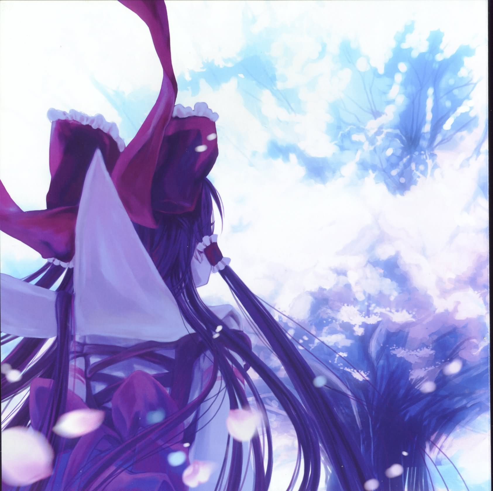 hakurei reimu, touhou, highres, 1girl, back, blonde hair, bow, cherry blossoms, dress, female focus, frilled bow, frilled hair tubes, frills, hair bow, hair tubes, japanese clothes, lace, lace-trimmed dress, lace trim, long hair, miko, nature, outdoors, plant, red bow, sash, solo, tree
