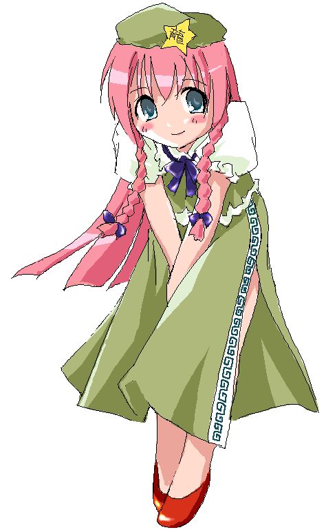 shaomin, hong meiling, embodiment of scarlet devil, touhou, 1girl, blue eyes, blush, china dress, chinese clothes, dress, embarrassed, female focus, hat, oekaki, red hair, simple background, smile, solo