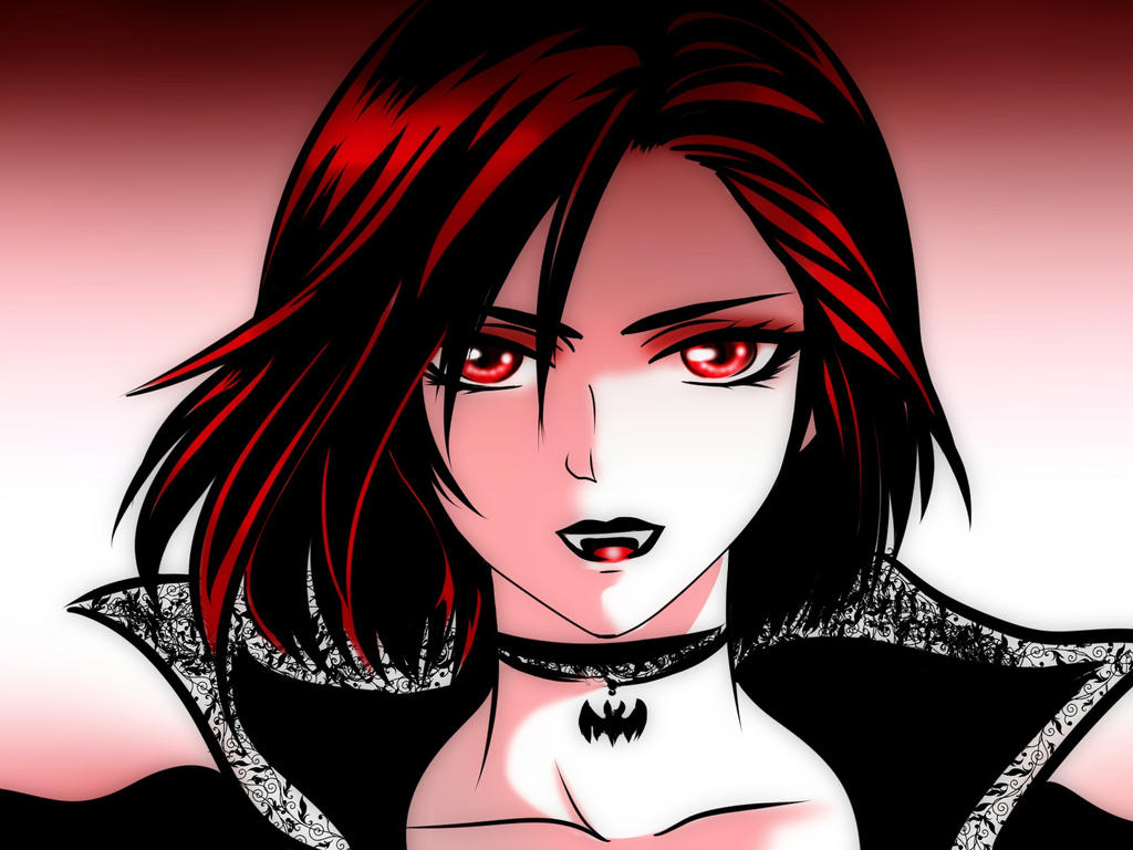 cinemairon, thuringwethil, the silmarillion, tolkien's legendarium, 1girl, black hair, choker, collar, collarbone, eyelashes, fangs, female focus, floating hair, gradient background, high collar, looking at viewer, medium hair, open mouth, red eyes, red hair, simple background, solo, upper body, vampire