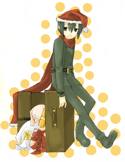asahikawa hiyori, kino (kino no tabi), kino no tabi, 00s, 1girl, androgynous, boots, christmas, female focus, full body, gift, green boots, green hair, hair between eyes, hat, reverse trap, santa hat, sitting, solo, tomboy