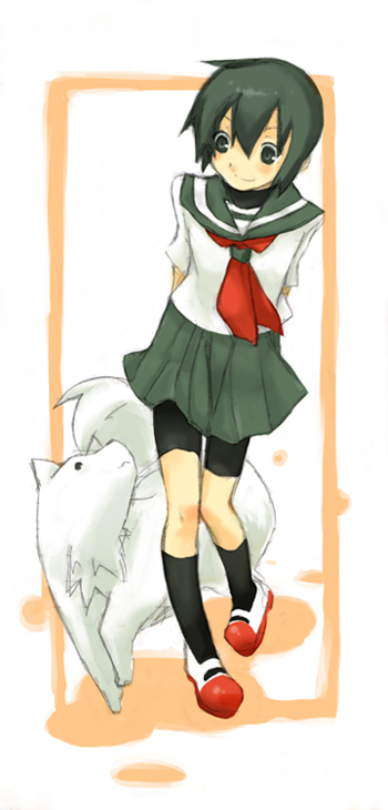 asahikawa hiyori, kino (kino no tabi), riku (kino no tabi), gakuen kino, kino no tabi, 00s, 1girl, bike shorts, dog, green eyes, green hair, school uniform, serafuku, shoes, short hair, simple background, smile, uwabaki, walking, white background