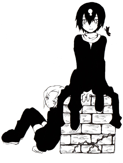 asahikawa hiyori, kino (kino no tabi), tea (kino no tabi), kino no tabi, 00s, 2girls, bug, butterfly, greyscale, hair between eyes, insect, monochrome, multiple girls, short hair, sitting, thighhighs, tomboy