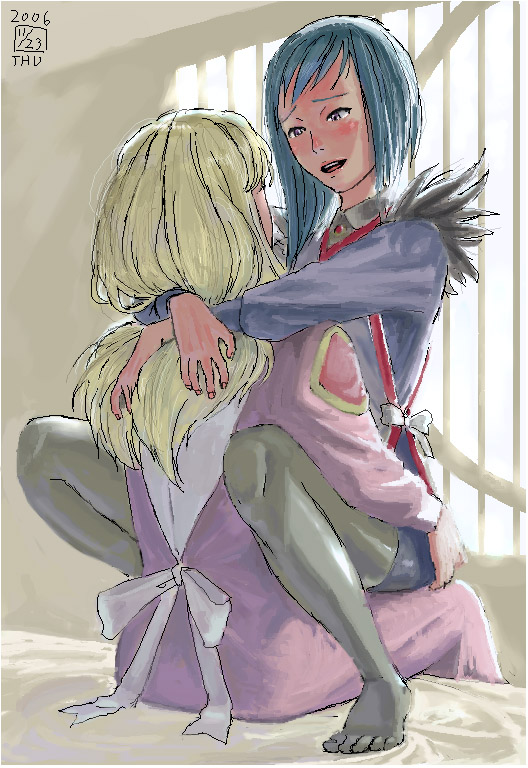 ikeda (cpt), shizuru viola, tomoe marguerite, my-otome, photoshop (medium), 00s, 2006, 2girls, blush, dated, feet, meister otome uniform, multiple girls, oekaki, pantyhose, socks, thighhighs, yuri