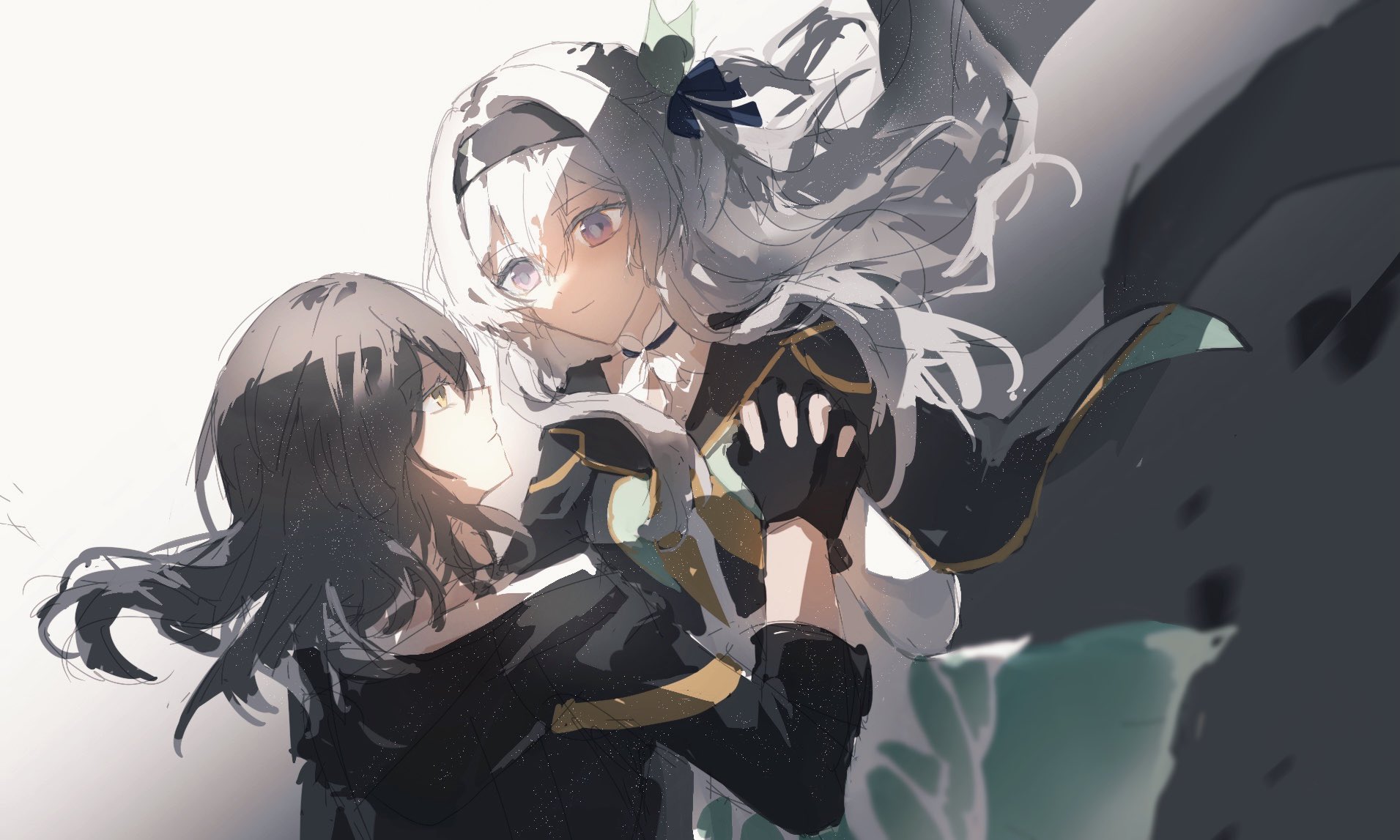 minutes (minutes draw), firefly (honkai: star rail), stelle (honkai: star rail), trailblazer (honkai: star rail), honkai: star rail, honkai (series), highres, 2girls, black gloves, black hairband, black jacket, blue pupils, blue ribbon, closed mouth, gloves, hair ornament, hair ribbon, hairband, interlocked fingers, jacket, long hair, multicolored eyes, multiple girls, neckerchief, orange neckerchief, ribbon, smile