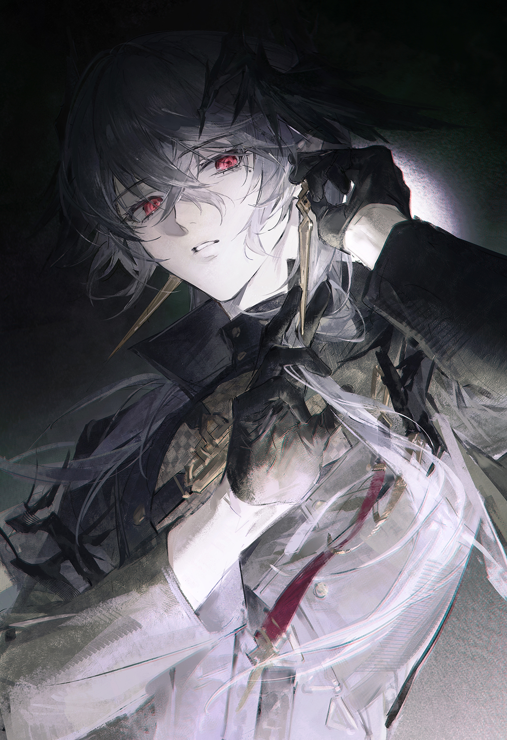 liyu li, logos (arknights), arknights, character request, check character, hashtag-only commentary, highres, 1boy, black gloves, earrings, gloves, grey hair, hair between eyes, jewelry, long sleeves, male focus, pointy ears, red eyes, short hair, solo, upper body