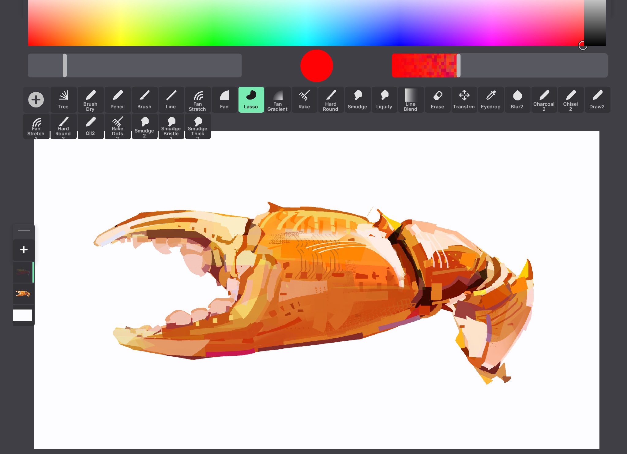 junbuug, original, screencap, commentary, english commentary, highres, art program in frame, crab, crab claw, no humans, object focus, painterly, severed arm, severed limb, simple background, still life, white background