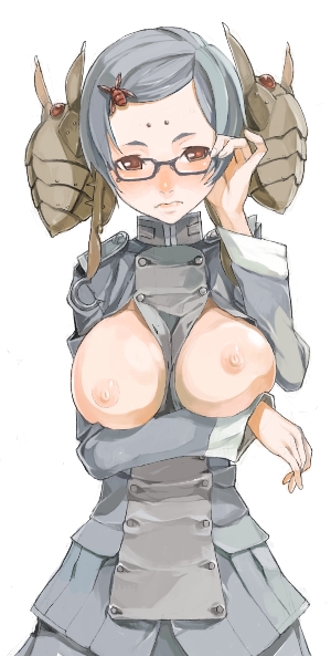 fakepucco, 1girl, arthropod girl, breasts, female focus, glasses, monster girl, nipples, short hair, solo