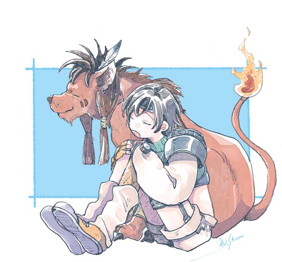 michibata 65, red xiii, yuffie kisaragi, final fantasy, final fantasy vii, 1boy, 1girl, black hair, closed eyes, cropped sweater, detached sleeves, fire, flame-tipped tail, from side, full body, green sweater, headband, knees up, open mouth, orange fur, ribbed sweater, short hair, shorts, signature, single detached sleeve, single shoulder pad, sitting, sleeveless, sleeveless turtleneck, socks, sweater, tail, turtleneck, turtleneck sweater, white socks