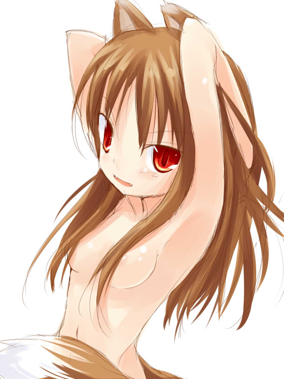 kuro (be ok), holo, spice and wolf, 00s, 1girl, animal ears, armpits, arms up, brown hair, censored, convenient censoring, female focus, hair censor, hair over breasts, long hair, nude, red eyes, solo, tail, wolf ears, wolf tail