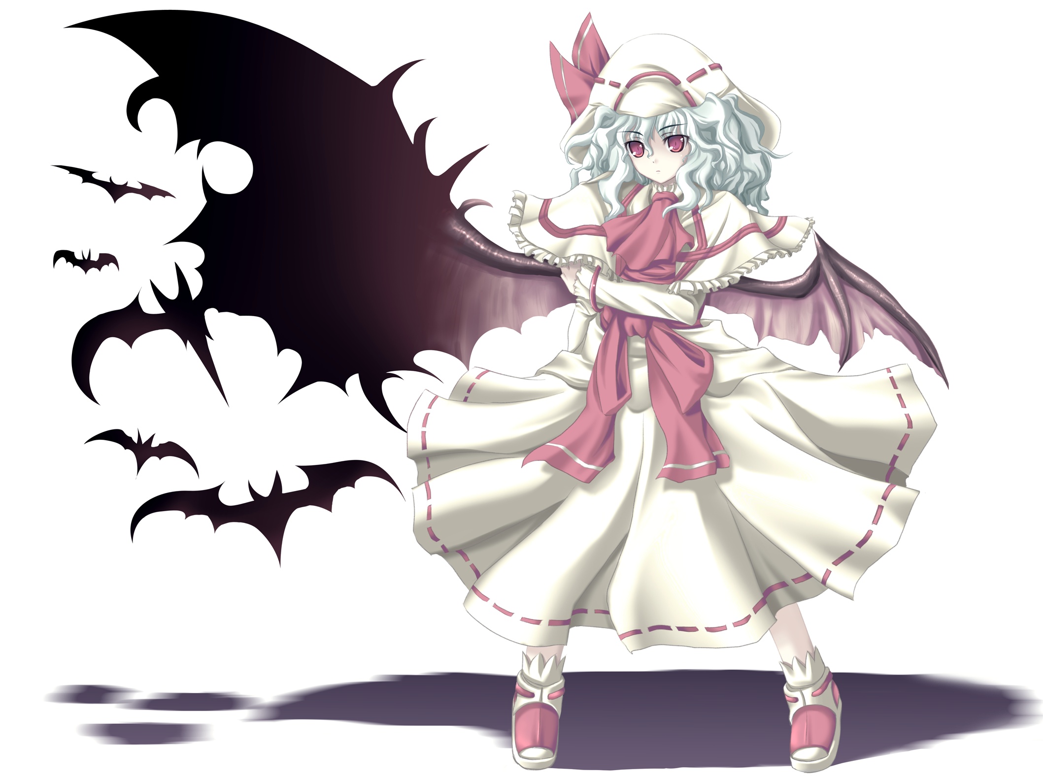 tateha (marvelous grace), remilia scarlet, touhou, highres, 1girl, bat (animal), bat wings, female focus, red eyes, solo, wings