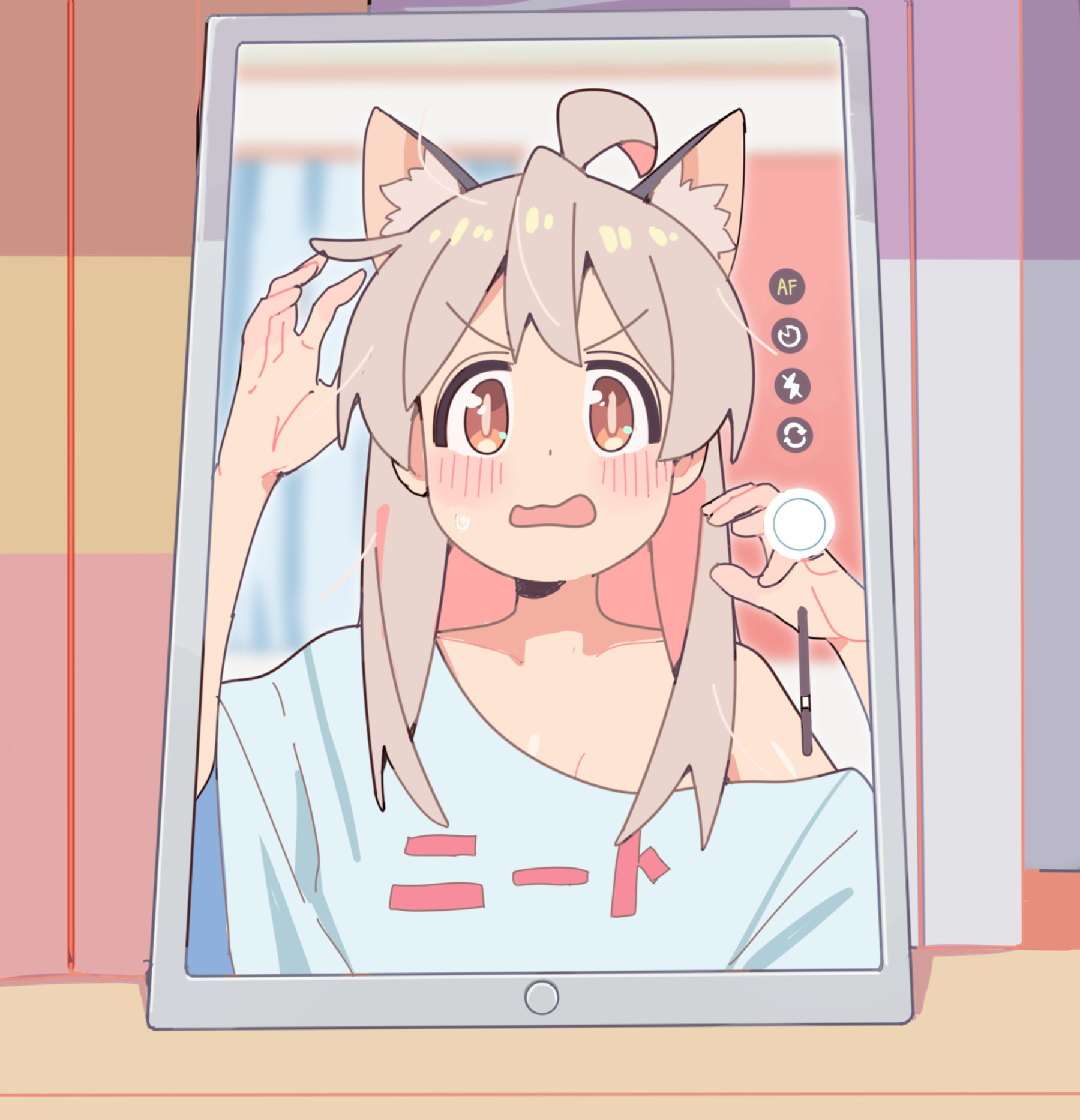 karubi (karubi465558), oyama mahiro, onii-chan wa oshimai!, commentary request, highres, 1girl, ahoge, animal ear fluff, animal ears, blush, cat ears, ipad, long hair, looking at viewer, loose clothes, loose shirt, open mouth, orange eyes, pink hair, shirt, single bare shoulder, solo, sweatdrop, t-shirt, tablet pc, wavy mouth