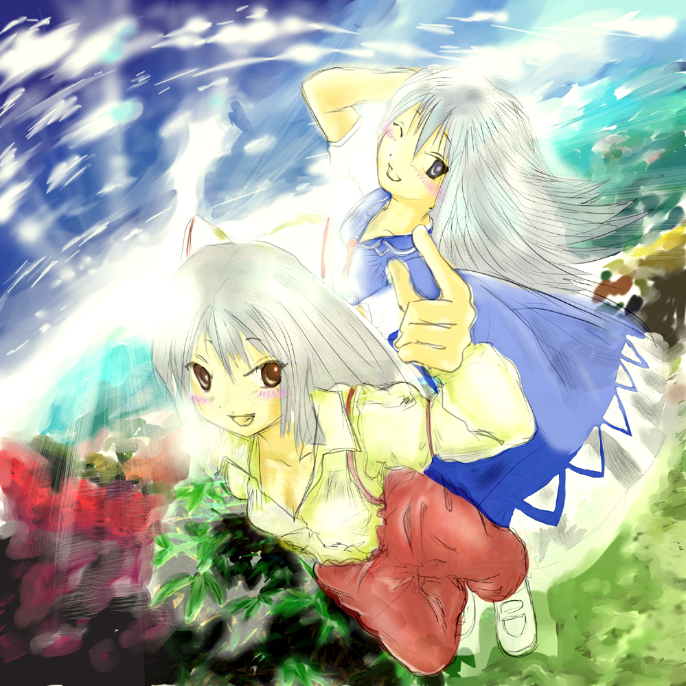yae (mono110), fujiwara no mokou, kamishirasawa keine, touhou, 2girls, :d, ;d, arm up, blue dress, blush, collarbone, collared shirt, dress, female focus, from above, grey hair, hand in own hair, head tilt, long hair, long sleeves, looking up, multiple girls, one eye closed, open mouth, pants, pointing, pointing at viewer, red pants, shirt, shoes, smile, standing, suspenders, very long hair, white shirt