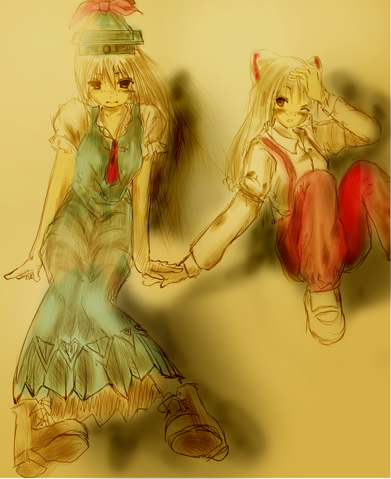 yae (mono110), fujiwara no mokou, kamishirasawa keine, touhou, eyebrows, 2girls, blue dress, blush, bow, closed mouth, dress, female focus, hair bow, hat, holding hands, long hair, long sleeves, multiple girls, one eye closed, pants, puffy short sleeves, puffy sleeves, red eyes, shirt, shoes, short sleeves, sitting, sketch, suspenders, very long hair, white hair, white shirt