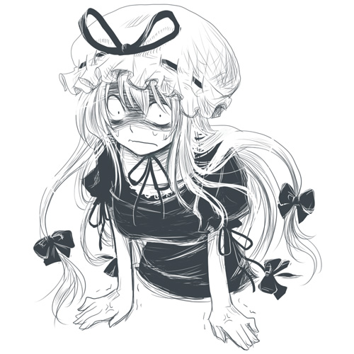 kintaro, yakumo yukari, touhou, lowres, 1girl, constricted pupils, female focus, gap (touhou), greyscale, hair ribbon, hat, long hair, monochrome, ribbon, sketch, solo, stuck