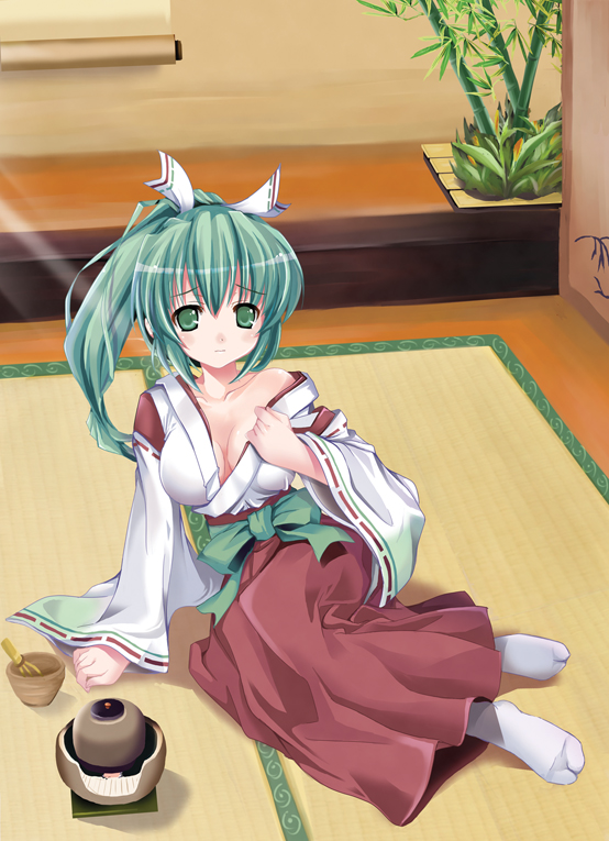 tomusooya, fuuki-tan, original, 1girl, arm support, breasts, cleavage, female focus, green eyes, green hair, hakama, hakama skirt, japanese clothes, large breasts, matching hair/eyes, miko, ponytail, red hakama, skirt, solo, tabi