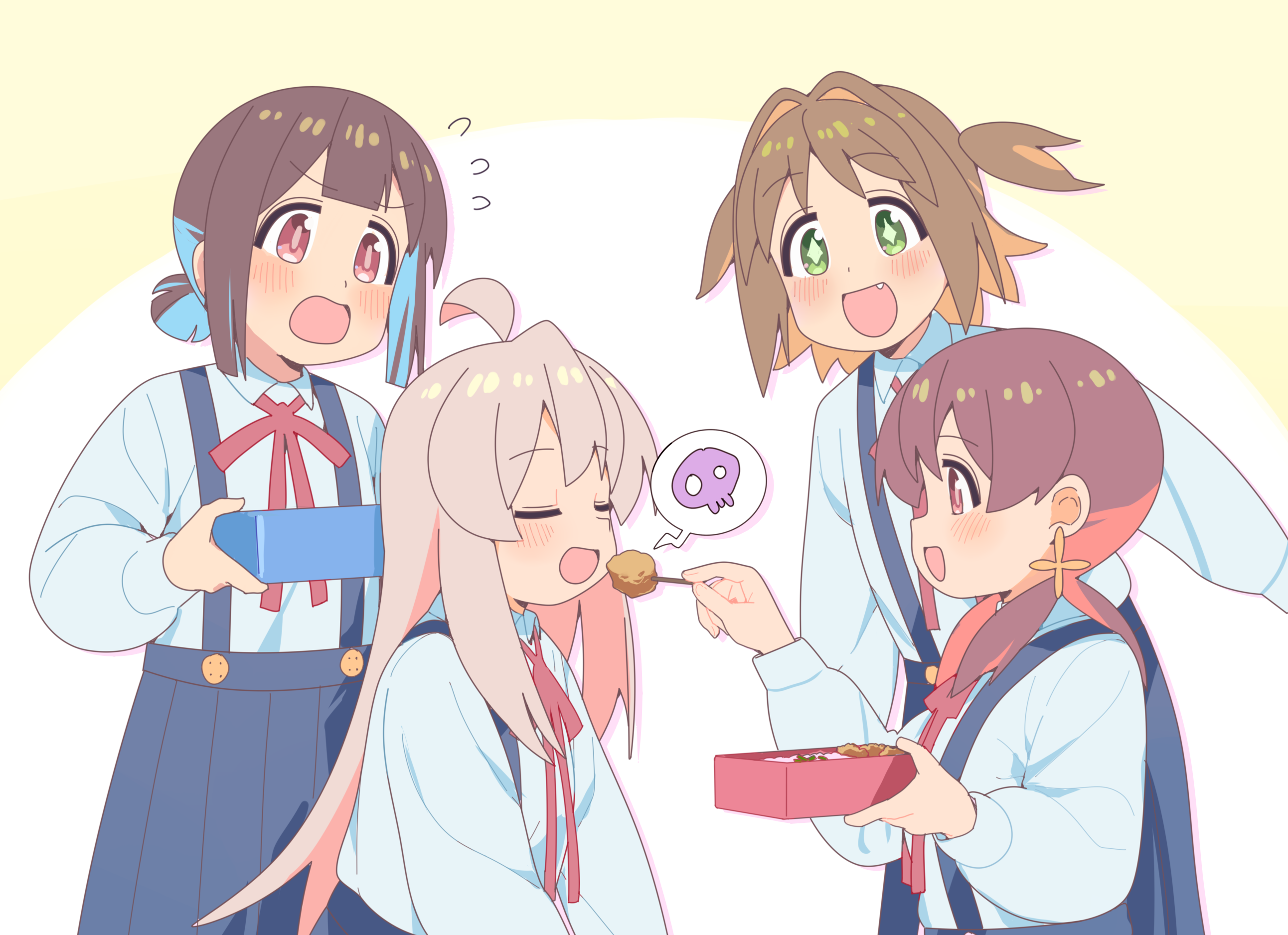 karubi (karubi465558), hozuki momiji, murosaki miyo, oka asahi, oyama mahiro, onii-chan wa oshimai!, commentary request, highres, 4girls, :d, :o, ahoge, bento, blue hair, blue skirt, brown eyes, brown hair, closed eyes, colored inner hair, diamond-shaped pupils, diamond (shape), fang, feeding, flying sweatdrops, green eyes, grey hair, hair intakes, long hair, long sleeves, low twintails, multicolored hair, multiple girls, neck ribbon, open mouth, orange hair, pink hair, ponytail, red eyes, red ribbon, ribbon, school uniform, shirt, short hair, short ponytail, simple background, skirt, smile, spoken skull, suspender skirt, suspenders, symbol-shaped pupils, twintails, two-tone hair, two side up, white shirt