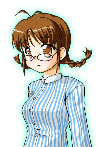 miyabe kotomi, miyabe makoto, akizuki ritsuko, idolmaster, idolmaster (classic), idolmaster 1, 00s, 1girl, ahoge, antenna hair, arms at sides, black-framed eyewear, blush, braid, breasts, brown eyes, brown hair, closed mouth, expressionless, female focus, glasses, gradient background, long hair, long sleeves, looking at viewer, rimless eyewear, shirt, short twintails, smile, solo, striped clothes, striped shirt, twin braids, twintails, vertical-striped clothes, vertical-striped shirt