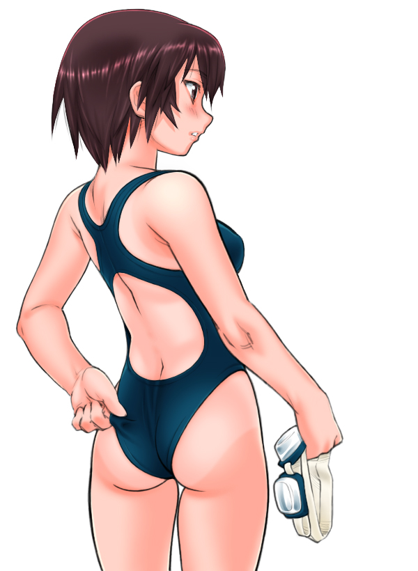 kagura, kagura (azumanga daioh), azumanga daiou, 1girl, adjusting clothes, adjusting swimsuit, ass, competition swimsuit, female focus, goggles, highleg, highleg one-piece swimsuit, one-piece swimsuit, one-piece tan, simple background, solo, swim cap, swim goggles, swimsuit, tan, tanline, unworn goggles, white background