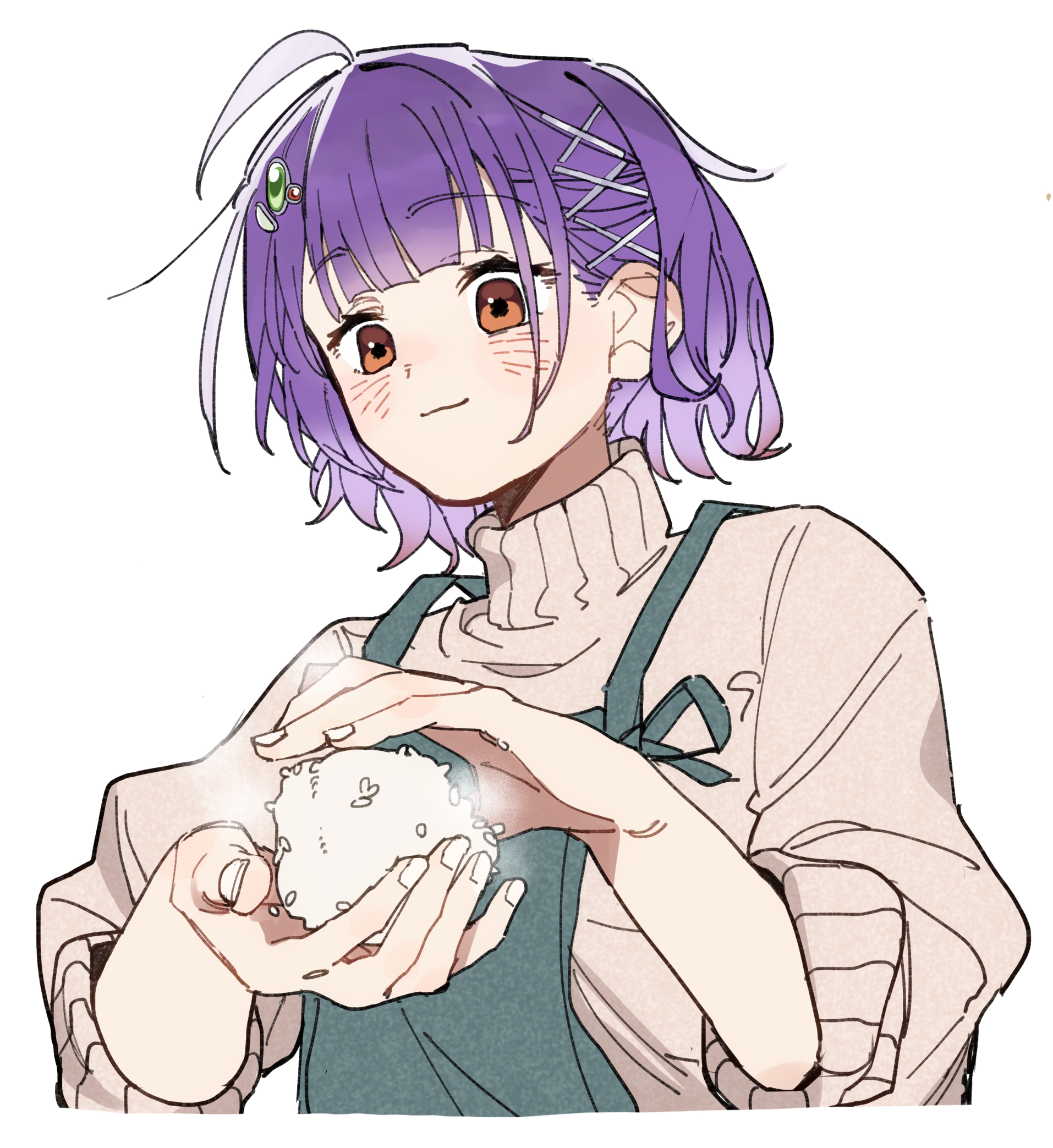 fill (fill lemonn), nanase suzuna, nijisanji, 1girl, apron, food, onigiri, purple hair, short hair, solo, virtual youtuber, white background