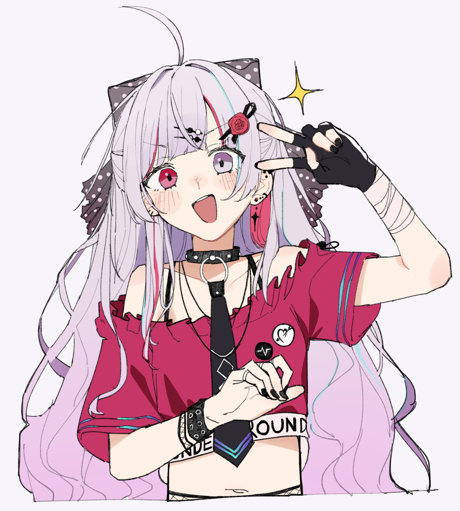 fill (fill lemonn), ishigami nozomi, nijisanji, 1girl, choker, crop top, facing viewer, fingerless gloves, gloves, heterochromia, navel, necktie, single glove, solo, spiked choker, spikes, virtual youtuber, white background