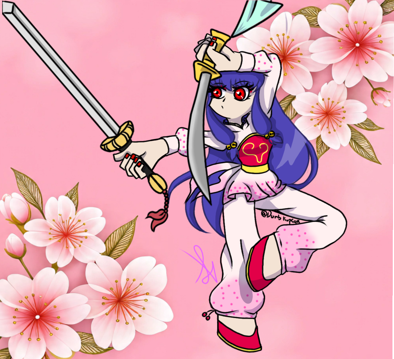 shampoo (ranma 1/2), 1girl, chinese clothes, dual wielding, fighting stance, flower, hair buns, holding, holding sword, holding weapon, katana, long hair, nail polish, pants, pink background, purple hair, red eyes, red nails, solo, sword, twitter username, weapon