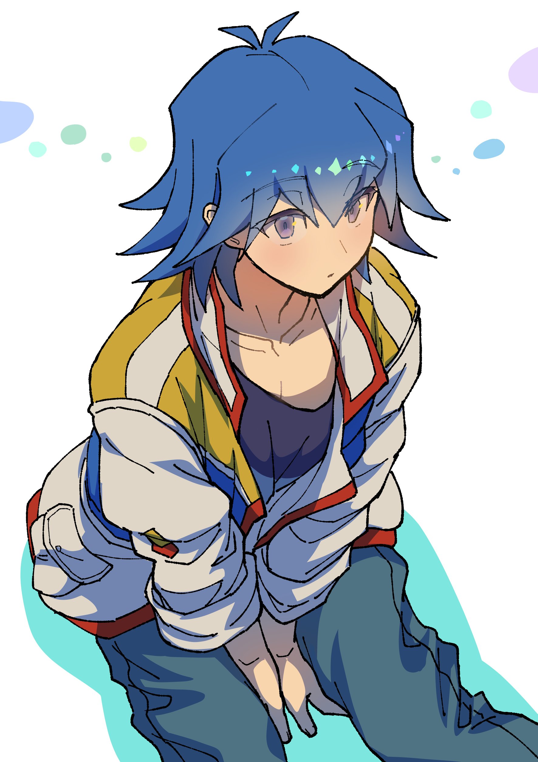 youko-shima, bruno (yu-gi-oh!), yu-gi-oh!, yu-gi-oh! 5d's, absurdres, highres, 1boy, black hair, blue hair, male focus, purple eyes, simple background, sitting, solo, white background