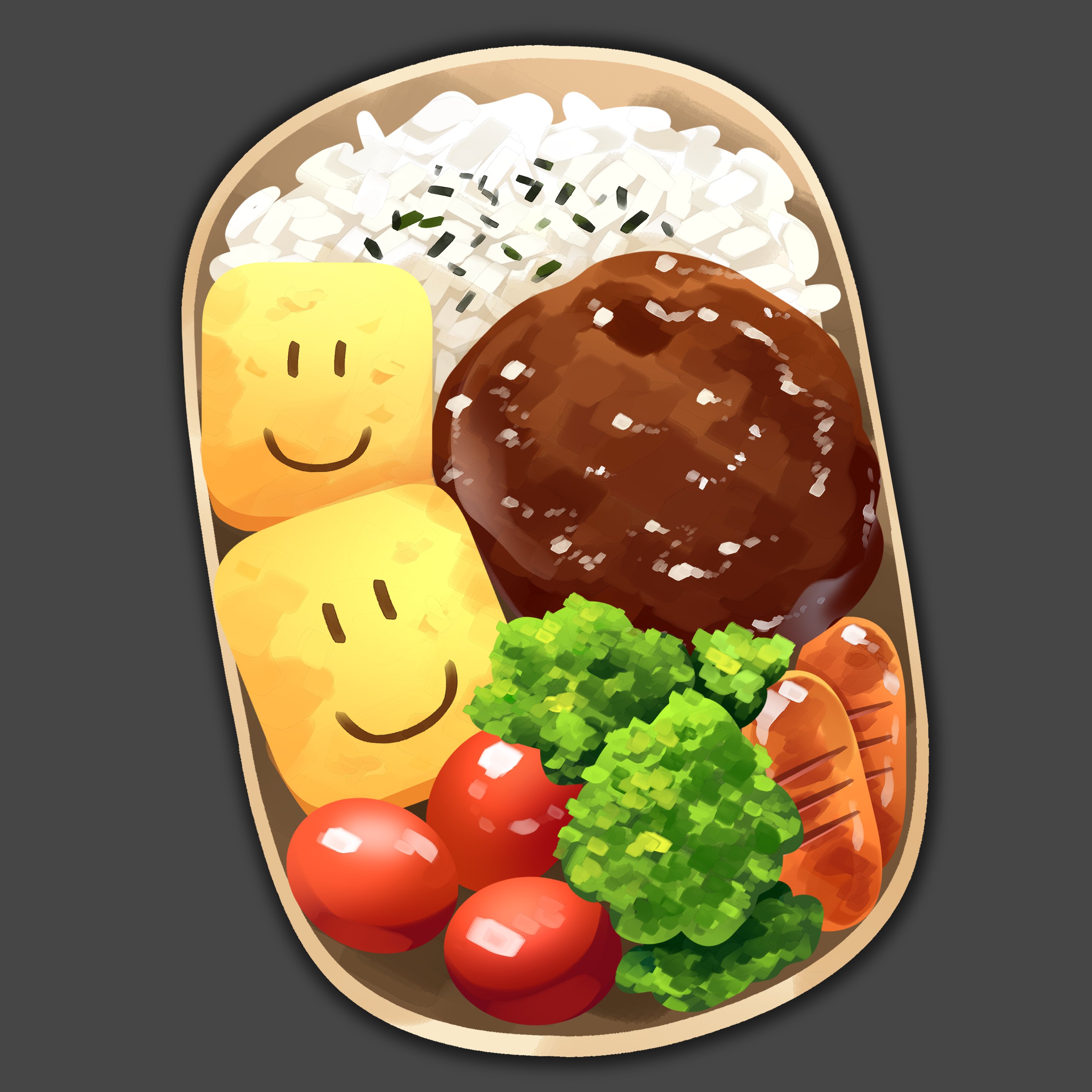 himochuu, roblox, absurdres, commentary, english commentary, highres, character-themed food, cherry tomato, cookie, food, food focus, from above, lunchbox, no humans, painterly, rice, sausage, still life, tomato