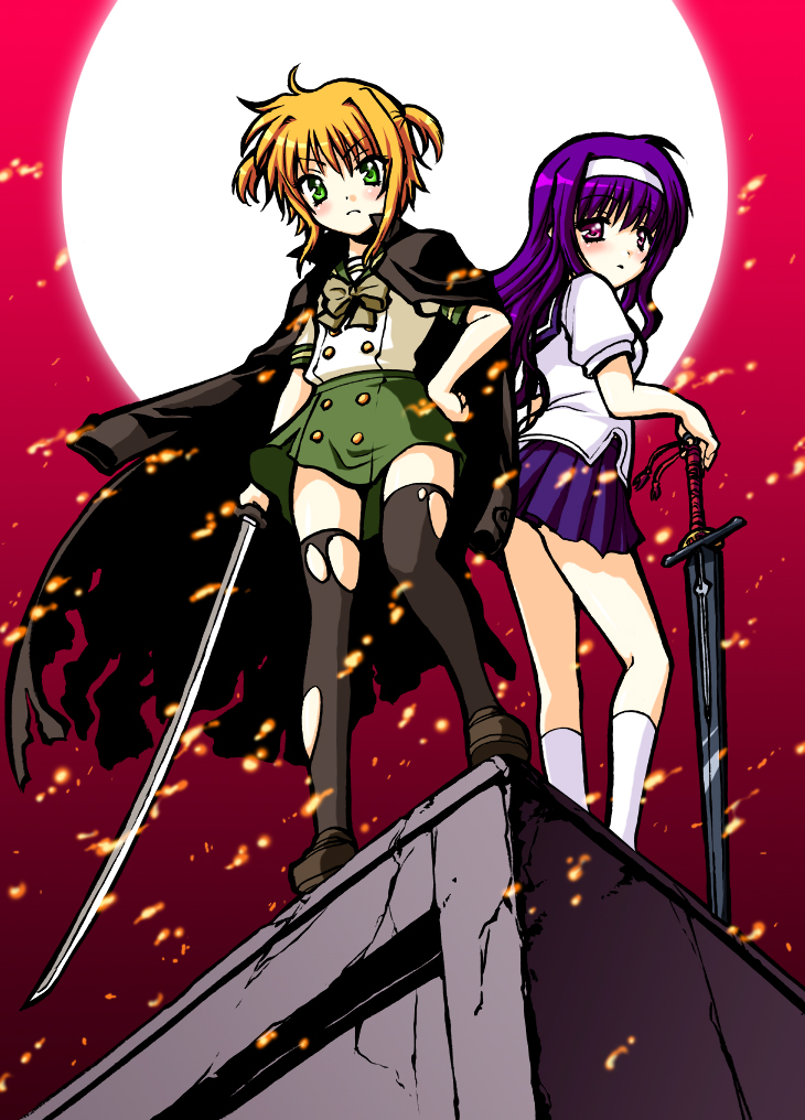 saki chisuzu, arisa bunnings, burning arisa, kugimiya rie, minagi mikoto, shana, shimizu ai, tsukimura suzuka, lyrical nanoha, mahou shoujo lyrical nanoha, my-hime, shakugan no shana, cape, cosplay, minagi mikoto (cosplay), parody, school uniform, serafuku, shana (cosplay), sword, thighhighs, voice actor connection, weapon