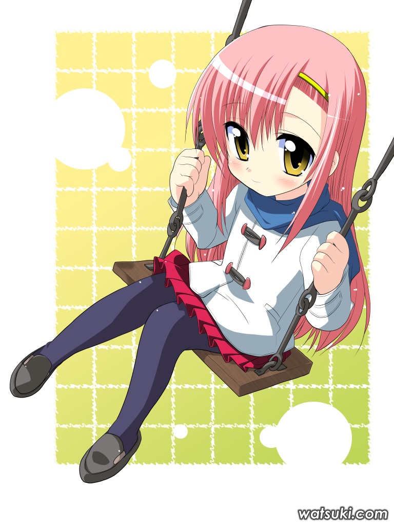 watsuki ayamo, katsura hinagiku, hayate no gotoku!, 00s, 1girl, black shoes, blue pantyhose, blush, child, female focus, long hair, pantyhose, pink hair, pleated skirt, purple pantyhose, red skirt, shoes, sitting, skirt, solo, yellow eyes