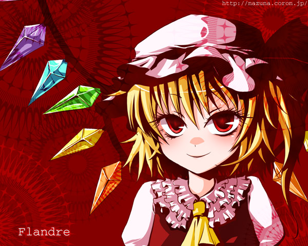 nazuna akaru, flandre scarlet, touhou, 1girl, blonde hair, blouse, female focus, hair between eyes, hat, mob cap, red background, shirt, solo, white hat, white shirt, wings