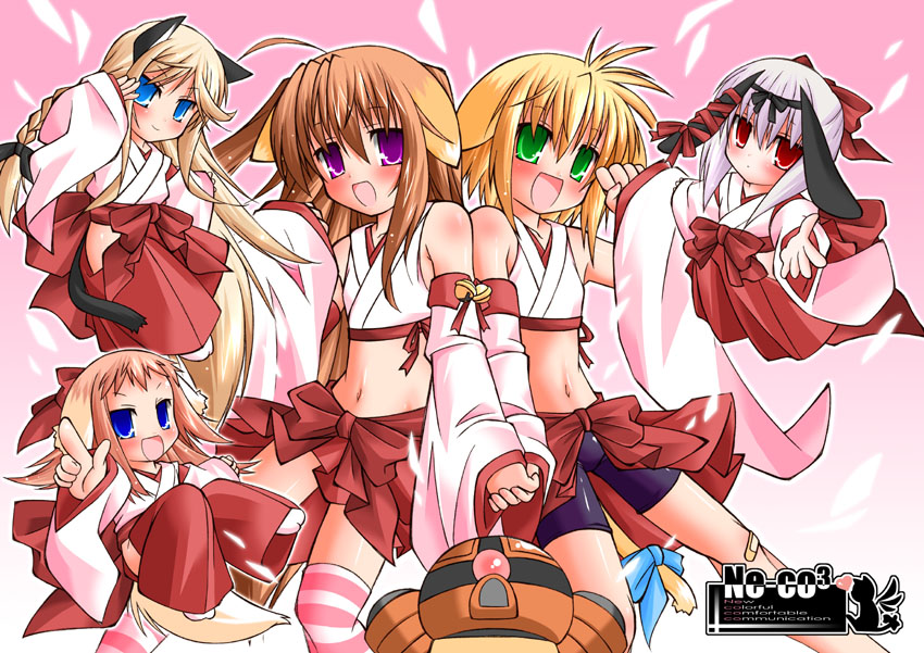 jun'you maru, 5girls, adapted uniform, animal ears, flat chest, japanese clothes, miko, multiple girls, navel, nontraditional miko