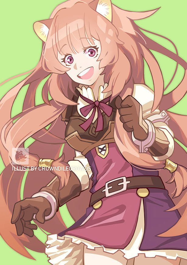 crowbizbits, raphtalia, tate no yuusha no nariagari, commentary, english commentary, 1girl, :d, animal ear fluff, animal ears, armor, armored gloves, artist name, belt, black dress, blunt bangs, breastplate, breasts, brown belt, collared dress, cowboy shot, dress, elbow gloves, eyelashes, gloves, green background, high collar, layered dress, long sleeves, looking at viewer, medium breasts, metal arm cuffs, metal wrist cuffs, neck ribbon, open mouth, pauldrons, raccoon ears, raccoon girl, red dress, red ribbon, ribbon, short dress, shoulder armor, signature, simple background, single pauldron, sleeveless, sleeveless dress, smile, solo, straight-on, swept bangs, teeth, two-tone dress, upper teeth only, watermark, white dress