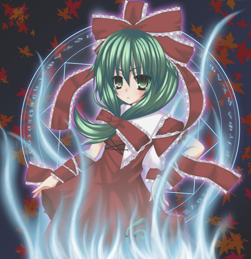 kagiyama hina, touhou, 1girl, blush, bow, collar, dress, female focus, frills, front ponytail, green eyes, green hair, hair bow, looking at viewer, magic circle, magical girl, matching hair/eyes, red bow, red dress, shawl, short hair, solo, upper body
