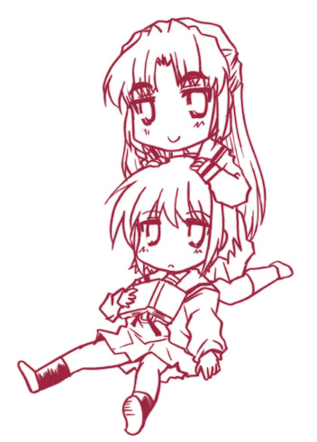 kairakuen umenoka, asakura ryoko, nagato yuki, suzumiya haruhi no yuuutsu, lowres, 00s, 2girls, half updo, monochrome, multiple girls, red theme
