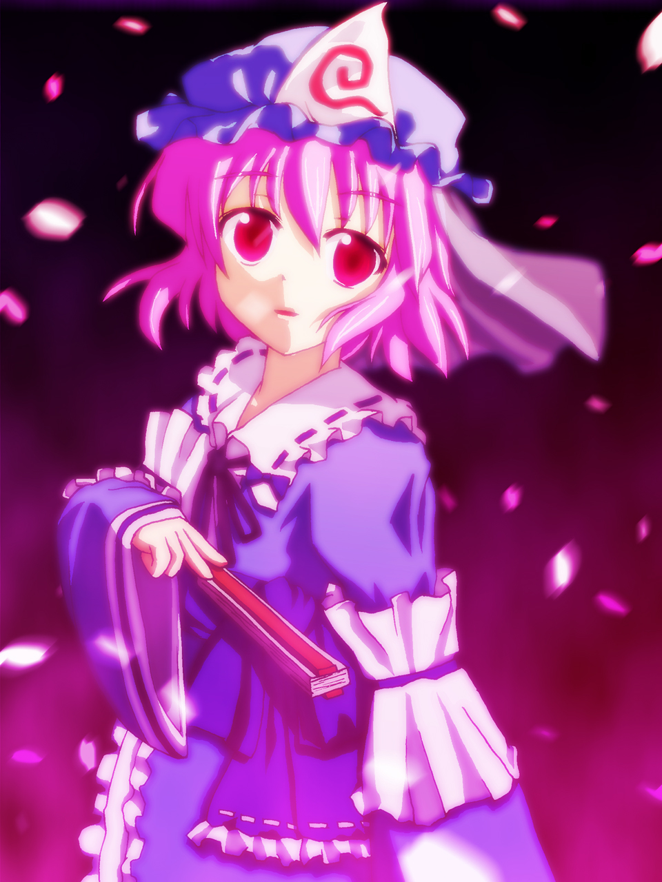 saigyouji yuyuko, touhou, highres, 1girl, female focus, folded fan, folding fan, hand fan, hat, petals, solo
