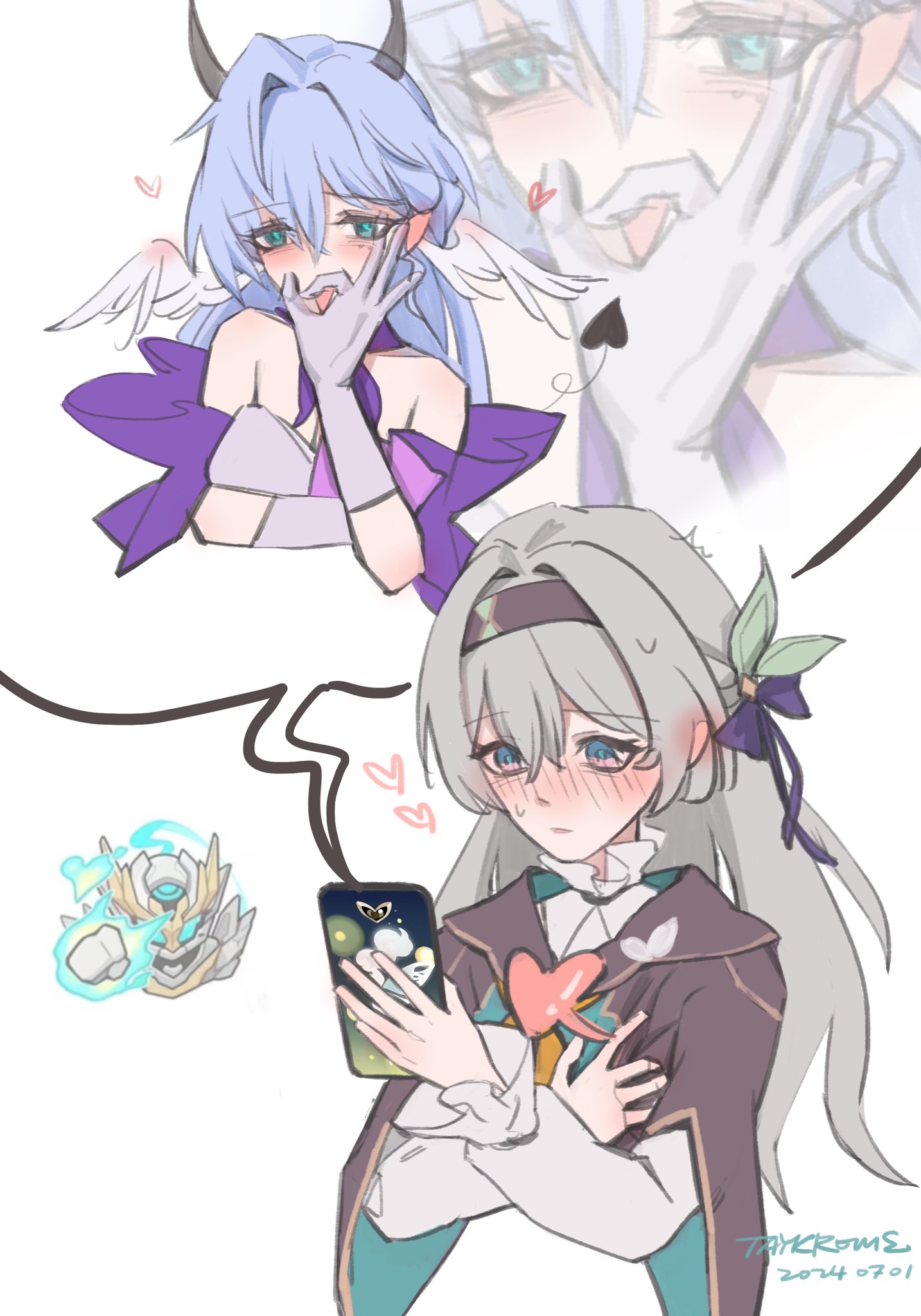 taykrome, firefly (honkai: star rail), robin (honkai: star rail), sam (honkai: star rail), honkai: star rail, honkai (series), highres, 2girls, armor, artist name, bare shoulders, black hairband, black jacket, blue eyes, blue fire, blue hair, blue jacket, blue pupils, bow, breasts, cellphone, choker, clenched hand, collarbone, dated, demon horns, demon tail, detached sleeves, dress, elbow gloves, feathered wings, fire, flying, full armor, gloves, grey hair, hair between eyes, hair bow, hair ornament, hairband, hand on own chest, hand up, hands up, head wings, heart, heart-shaped pupils, heart print, heartbeat, holding, holding phone, horns, jacket, jewel under eye, leaf hair ornament, long hair, long sleeves, looking at phone, looking at viewer, mecha, medium breasts, multicolored eyes, multiple girls, multiple views, neckerchief, open mouth, orange neckerchief, phone, pink eyes, power armor, puffy long sleeves, puffy sleeves, purple bow, purple choker, purple dress, purple sleeves, robot, sailor collar, short sleeves, simple background, sleeveless, sleeveless dress, smartphone, speech bubble, spoken character, strapless, strapless dress, sweat, symbol-shaped pupils, tail, tongue, tongue out, two-sided fabric, two-sided jacket, two-tone dress, upper body, white armor, white background, white dress, white gloves, wings, yuri, zoom layer