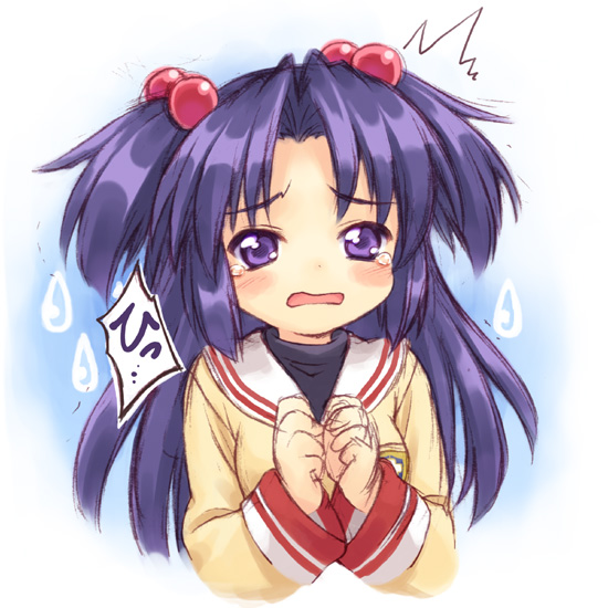inou shin, ichinose kotomi, clannad, 00s, 1girl, ^^^, female focus, hair bobbles, hair ornament, purple eyes, purple hair, school uniform, serafuku, solo, tears, twintails, two side up, wavy mouth