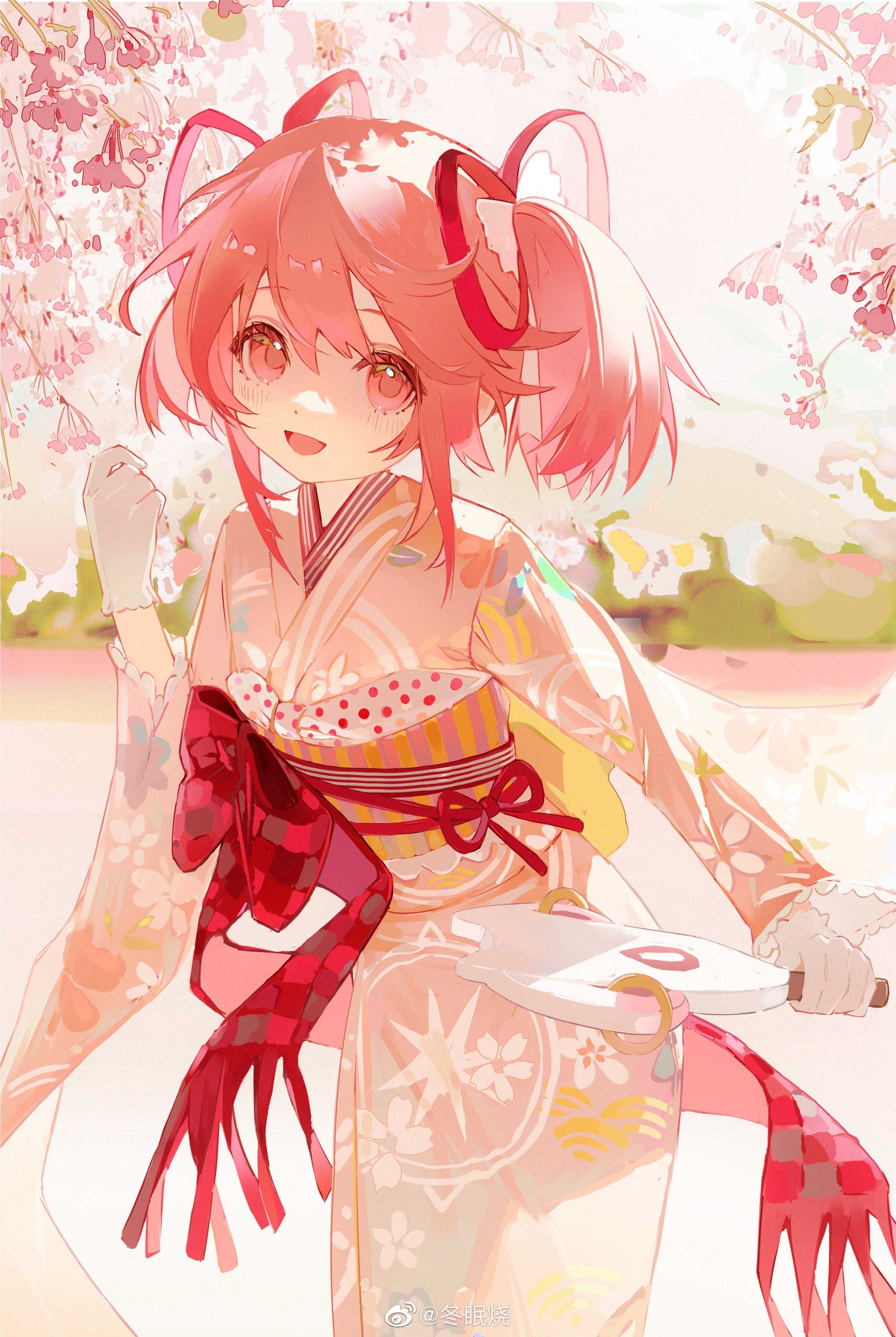 sliencio, kaname madoka, kaname madoka (haregi ver.), kyubey, magia record: mahou shoujo madoka magica gaiden, mahou shoujo madoka magica, absurdres, highres, 1girl, :d, checkered sash, cherry blossoms, cowboy shot, day, floral print, floral print kimono, gloves, hagoita, hair ribbon, han'eri, hand up, holding, holding paddle, japanese clothes, kimono, light blush, obi, objectification, official alternate costume, open mouth, outdoors, paddle, pink eyes, pink hair, pink kimono, polka dot, print kimono, red ribbon, red sash, ribbon, sash, short hair, short twintails, sidelocks, smile, solo, twintails, vertical-striped sash, watermark, weibo watermark, white gloves, white ribbon, wide sleeves, yellow sash