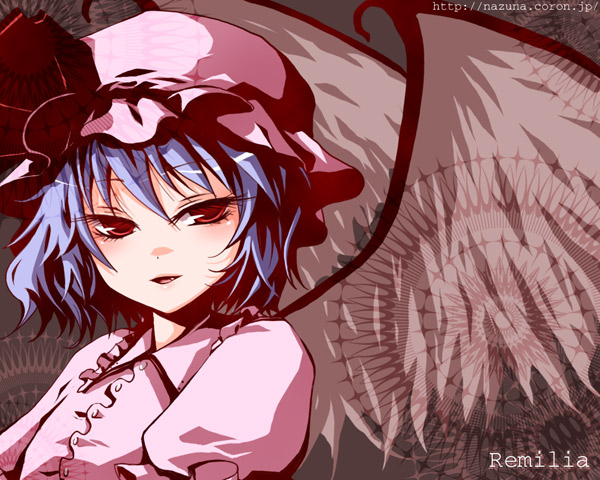 nazuna akaru, remilia scarlet, touhou, 1girl, fang, female focus, half-closed eyes, hat, mob cap, pink hat, ribbon, solo, wings