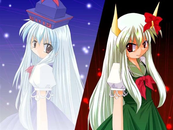 ex-keine, kamishirasawa keine, touhou, 2girls, dress, female focus, gradient background, hat, horn ornament, horn ribbon, horns, multiple girls, outdoors, ribbon, sky