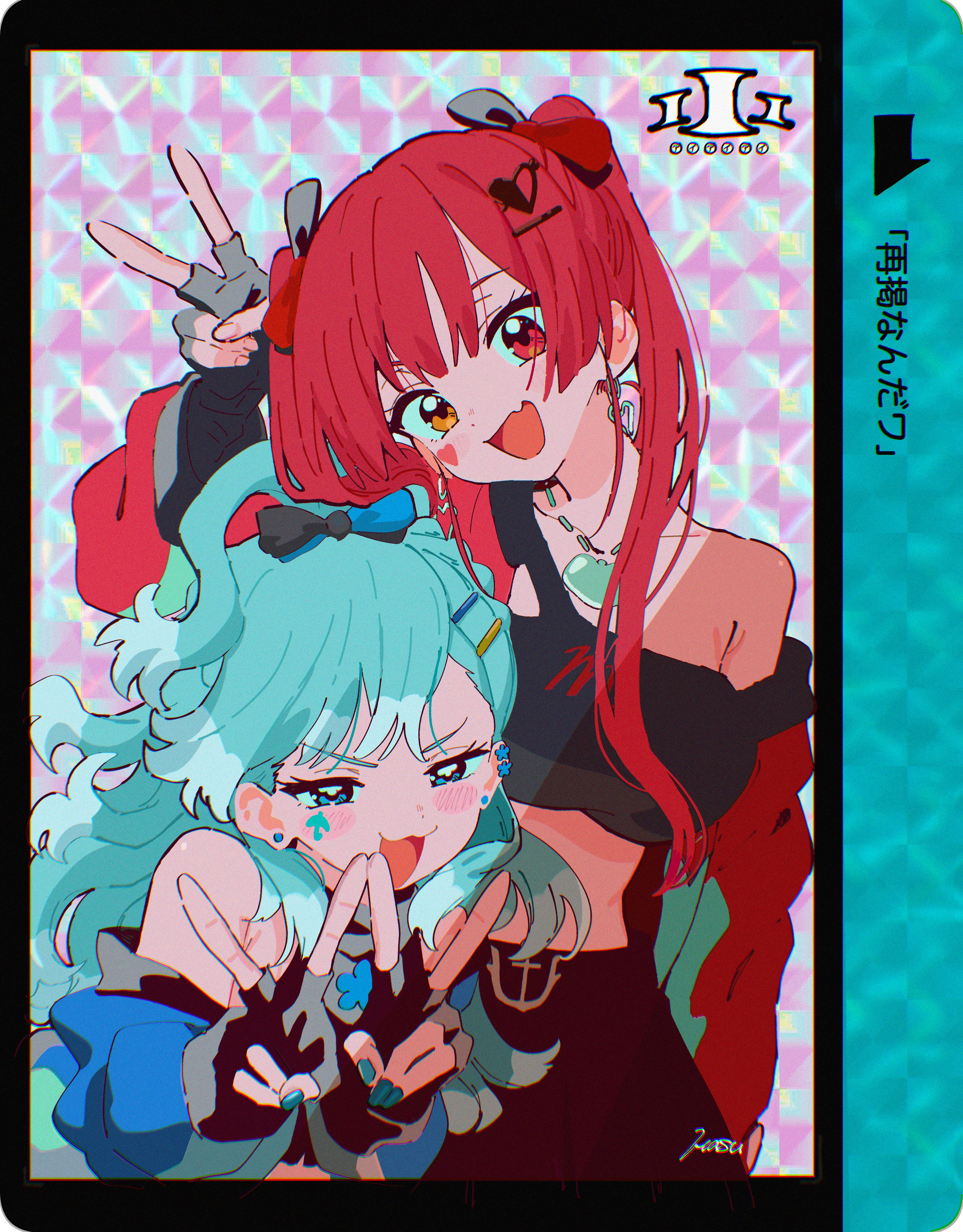 hasu, houshou marine, kobo kanaeru, hololive, hololive indonesia, iii (hololive), absurdres, commentary, highres, revision, 2girls, :3, bare shoulders, black shirt, black skirt, blue eyes, blue hair, blue jacket, blush stickers, breasts, copyright name, cowboy shot, crop top, double v, earrings, fang, fingerless gloves, gloves, heterochromia, jacket, jewelry, large breasts, long hair, milestone celebration, multiple girls, official alternate costume, open mouth, pleated skirt, red eyes, red hair, red jacket, shirt, skin fang, skirt, twintails, upper body, v, virtual youtuber, wavy hair, yellow eyes